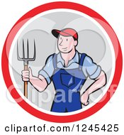 Cartoon Male Farmer Standing With A Pitchfork In A Circle
