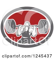 Clipart Of A Retro Bodybuilder Doing Squats With Dumbbells In An Oval Royalty Free Vector Illustration