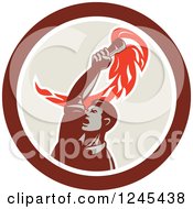 Clipart Of A Retro Revolution Male Worker Holding Up A Torch In A Circle Royalty Free Vector Illustration
