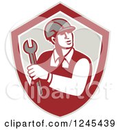 Poster, Art Print Of Retro Male Worker Holding A Spanner Wrench In A Shield