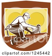 Poster, Art Print Of Retro Male Roofer Using A Nail Gun In A Shield