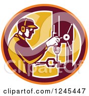 Poster, Art Print Of Retro Male Worker Operating A Drill Press In A Circle