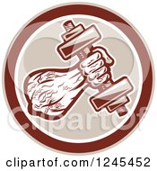 Clipart Of A Retro Male Bodybuilders Arm With A Dumbbell In A Circle Royalty Free Vector Illustration
