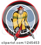 Poster, Art Print Of Retro Male Fireman With An Axe And Hook In A Circle