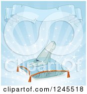 Clipart Of A Ribbon Banner Above A Glass Slipper On A Pillow Over Blue Royalty Free Vector Illustration