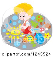 Clipart Of A Blond Caucasian Boy Drawing With Chalk On A Sidewalk Royalty Free Vector Illustration