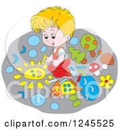 Clipart Of A Blond Boy Drawing With Chalk On A Sidewalk Royalty Free Vector Illustration by Alex Bannykh