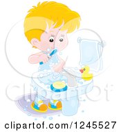 Poster, Art Print Of Blond Caucasian Boy Brushing His Teeth In A Bathroom