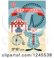 Circus Clown With A Big Top And Ferris Wheel Carnival Background With Sample Text
