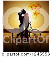 Poster, Art Print Of Silhouetted Couple Kissing By A Bicycle With Balloons At Sunset