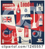 Poster, Art Print Of London Landmarks And Transportation Over Blue Beige And Red Tiles