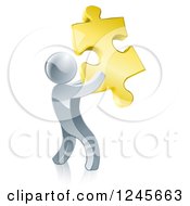 Poster, Art Print Of 3d Silver Man Holding A Golden Puzzle Piece