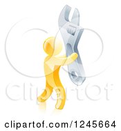 Clipart Of A 3d Gold Man Carrying A Giant Spanner Wrench Royalty Free Vector Illustration