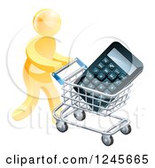 3d Gold Man Pushing A Calculator In A Shopping Cart