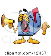 Blue Postal Mailbox Cartoon Character Screaming Into A Megaphone