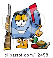 Blue Postal Mailbox Cartoon Character Duck Hunting Standing With A Rifle And Duck