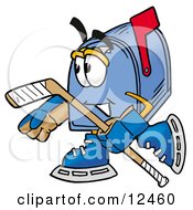 Clipart Picture Of A Blue Postal Mailbox Cartoon Character Playing Ice Hockey