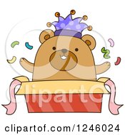 Clipart Of A Brown Bear Jester Popping Out Of A Gift Box Royalty Free Vector Illustration