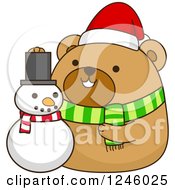 Poster, Art Print Of Christmas Brown Bear With A Snowman