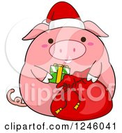 Poster, Art Print Of Pink Christmas Pig Stuffing A Santa Sack