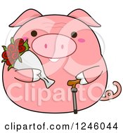 Poster, Art Print Of Pink Senior Pig With Flowers And A Cane