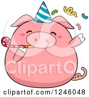Poster, Art Print Of Pink Birthday Pig Blowing A Noise Maker