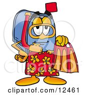 Blue Postal Mailbox Cartoon Character In Orange And Red Snorkel Gear