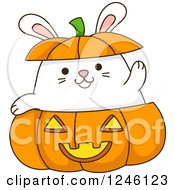 Poster, Art Print Of White Bunny Rabbit Waving In A Halloween Jackolantern