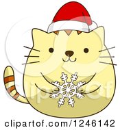 Clipart Of A Yellow Kitty Cat In A Christmas Sant Hat Holding A Snowflake Royalty Free Vector Illustration