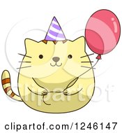 Poster, Art Print Of Yellow Birthday Kitty Cat With A Party Hat And Balloon
