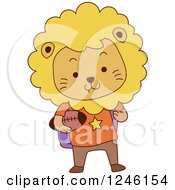 Clipart Of A Cute School Lion Boy Holding A Football Royalty Free Vector Illustration