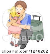Clipart Of A Young Father Crouching To Hug His Daughter Goodbye Before Leaving On A Trip Royalty Free Vector Illustration
