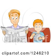 Poster, Art Print Of Father And Son Reading News On A Tablet And On Paper