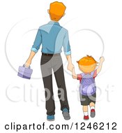 Clipart Of A Rear View Of A Father Walking His Son To School Royalty Free Vector Illustration