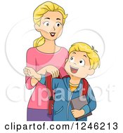Poster, Art Print Of Blond Mother Putting Her Sons Backpack On
