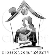 Clipart Of A Grayscale Female Babysitter And Child In A Home Royalty Free Vector Illustration by BNP Design Studio