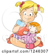 Happy Blond Caucasian Girl Feeding Her Baby Doll A Bottle