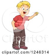 Blond Caucasian Boy Holding Up A Coin