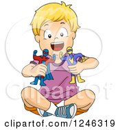 Poster, Art Print Of Blond Caucasian Boy Playing With Super Hero Toys
