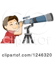 Poster, Art Print Of Brunette Boy Looking Through A Telescope