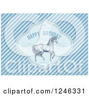Poster, Art Print Of Prancing Horse In A Happy Birthday Frame With Sample Text Over Diagonal Blue Stripes