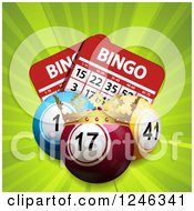 Clipart Of A Crowned Bingo Balls With Cards On Green Rays Royalty Free Vector Illustration