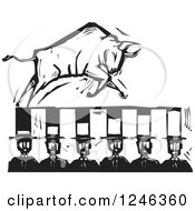 Poster, Art Print Of Woodcut Black And White Charging Bull On Banker Top Hats
