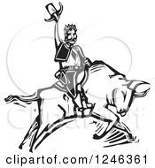 Clipart Of A Woodcut Black And White Rodeo Cowboy On A Bull Royalty Free Vector Illustration by xunantunich