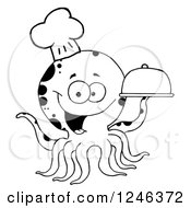 Clipart Of A Happy Black And White Chef Octopus Holding A Cloche Platter Royalty Free Vector Illustration