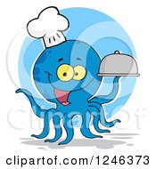 Clipart Of A Happy Blue Chef Octopus Holding A Dome Platter Over A Circle Royalty Free Vector Illustration by Hit Toon