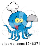 Happy Blue Chef Octopus Holding A Cloche Platter