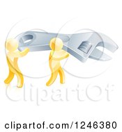 Clipart Of 3d Gold Men Carrying A Huge Spanner Wrench Royalty Free Vector Illustration