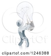 3d Silver Man Inventor Holding Up A Light Bulb