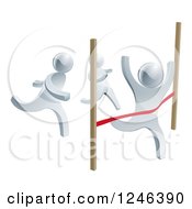 Clipart Of 3d Silver Men Racing One Crossing The Finish Line Royalty Free Vector Illustration